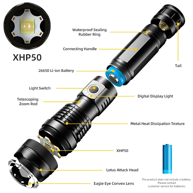 Cheap USB Waterproof Rechargeable Zoom Tactical Torch Light 26650 18650 Battery 2000 Lumens Powerful Led XHP50 Flashlight