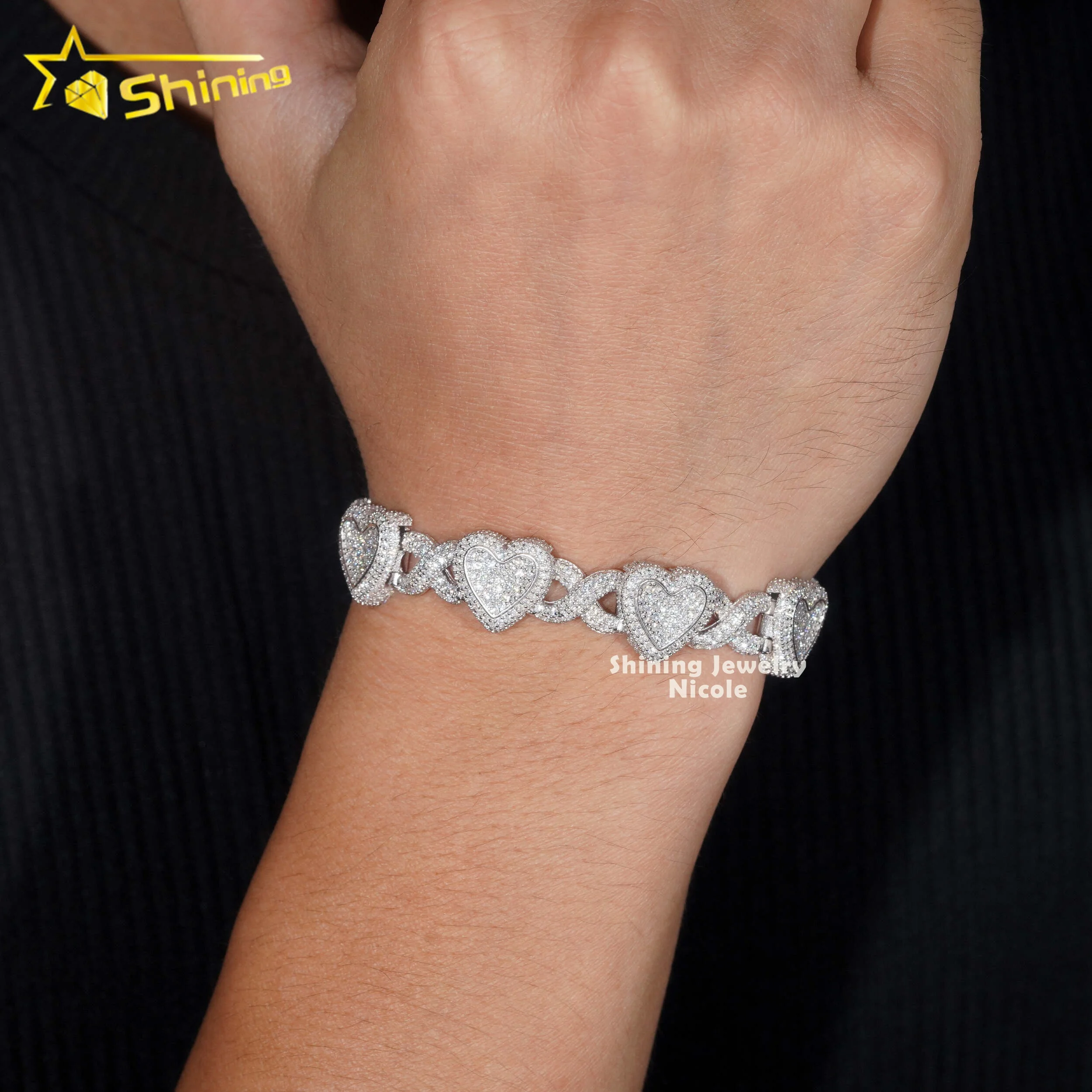 GRA Certificate Men Women Iced Out Hip Hop 925 Silver Heart Moissanite Infinity Cuban Link Bracelet