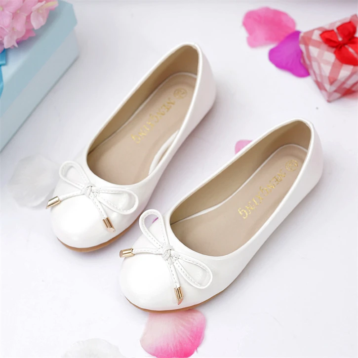 With Bow Wedding Flower Girl School Shoe Holy Communion Teen Princess Girl's Flat Shoes OEM Rubber PU Kids Girls White Pink