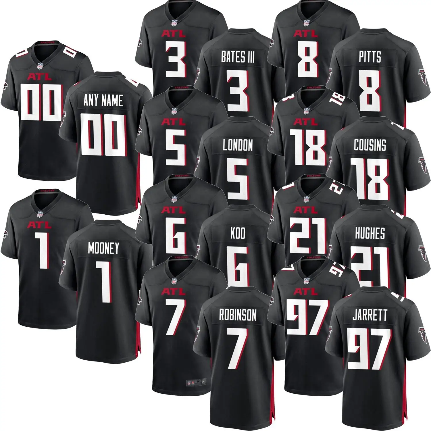 2024 мужские черные футболки Atlanta Falcons для команды по индивидуальному заказу американские футбольные рубашки с вышивкой оптом