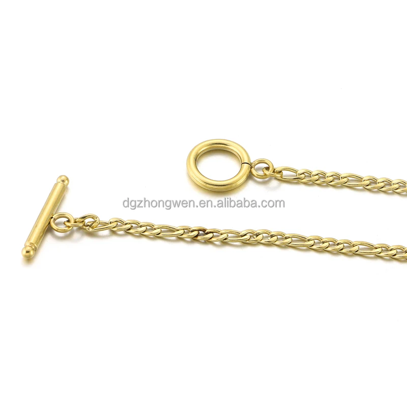 Zhongwen Toggle Bar Design  Fashion Jewelry  Stainless Steel 18K  Gold Figaro Chain Necklace