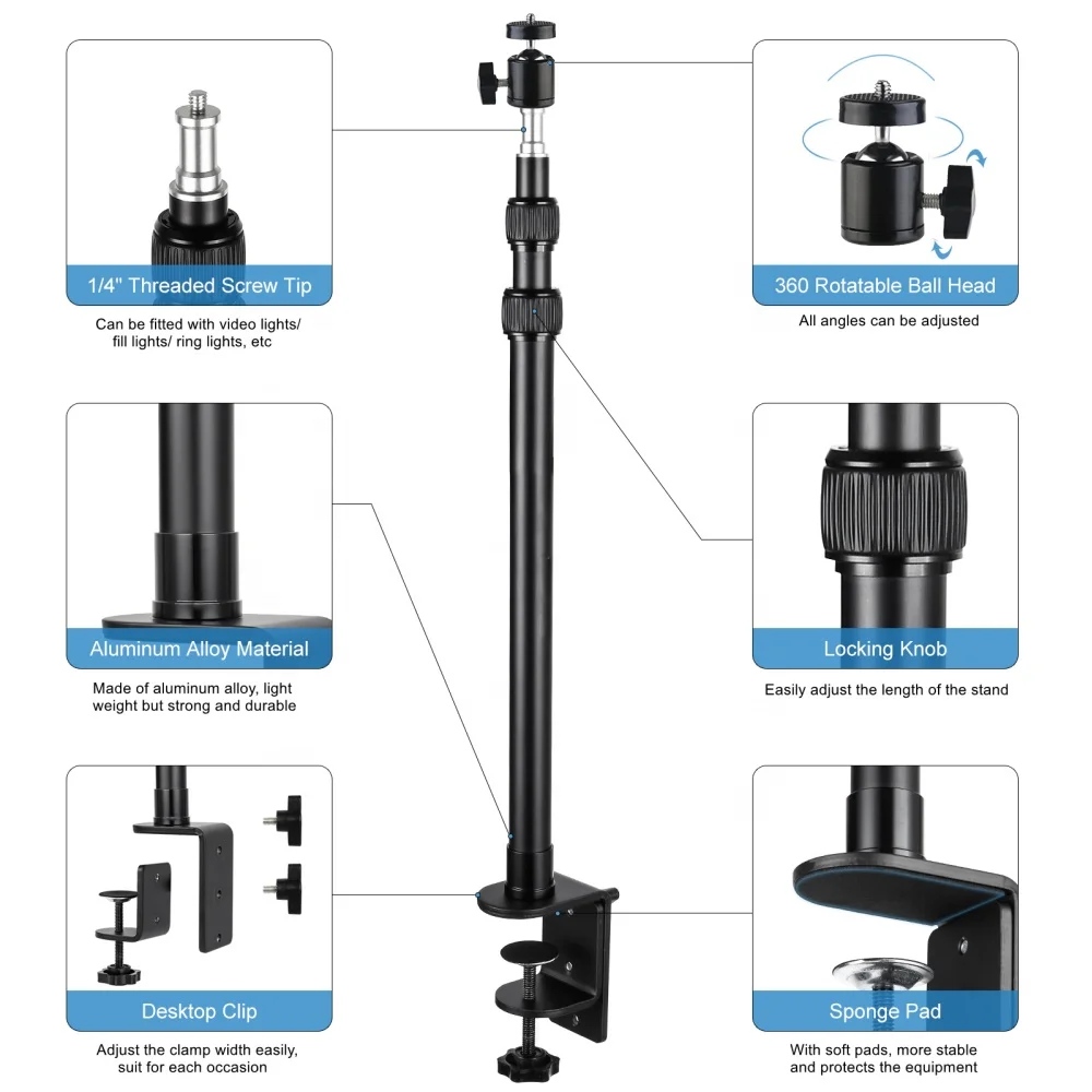 Takenoken Mobile Phone Holders Aluminum Adjustable Desktop Mount C Clamp Light Stand with Rotatable Ball Head for DSLR Camera