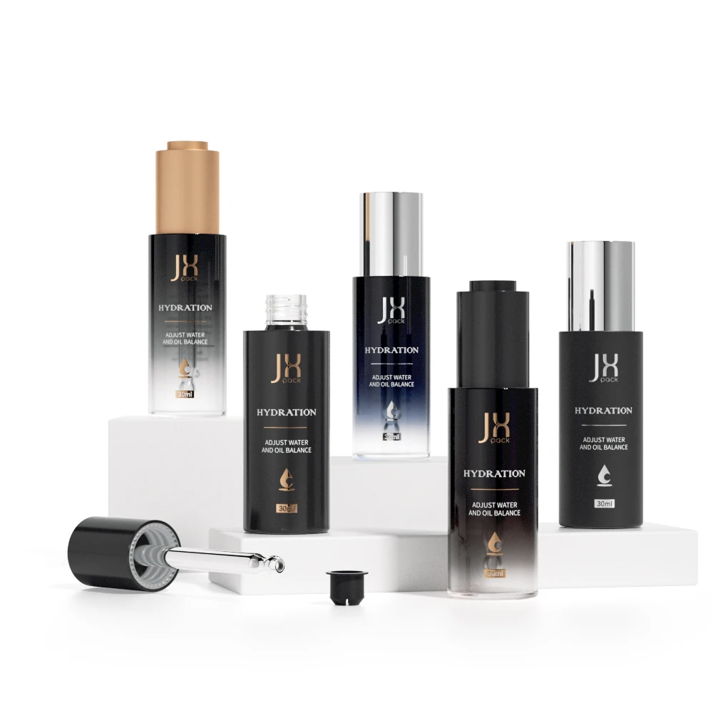 Custom frosted serum oil bottle push button cap pink purple blue white color glass cosmetic press pump dropper bottle