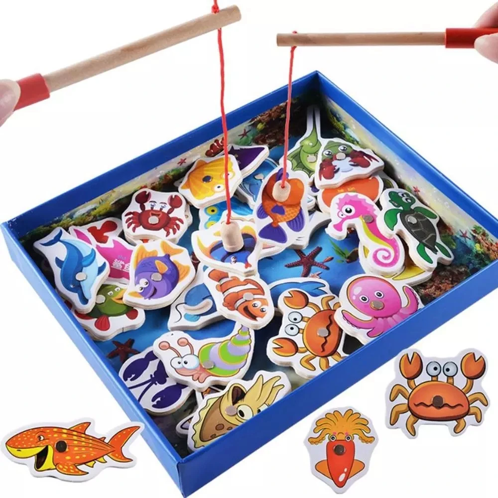 Wooden Magnetic Toys 32 Piece Fishing Game Parent Child Double Pole Puzzle Toy For Kids