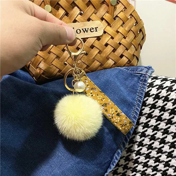 Multicolor Rabbit Fur Ball Keychain Favor Creative Floral Ribbon Keyring Cute Plush Bag Pendant Pearl Car Key Chain Accessories