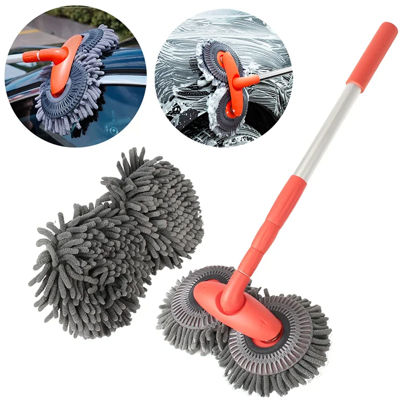 360 Degree Rotation Double Head Mop Aluminum Alloy Chenille Detachable Retractable 3 Sections Extended Wash Mop For Car Cleaning