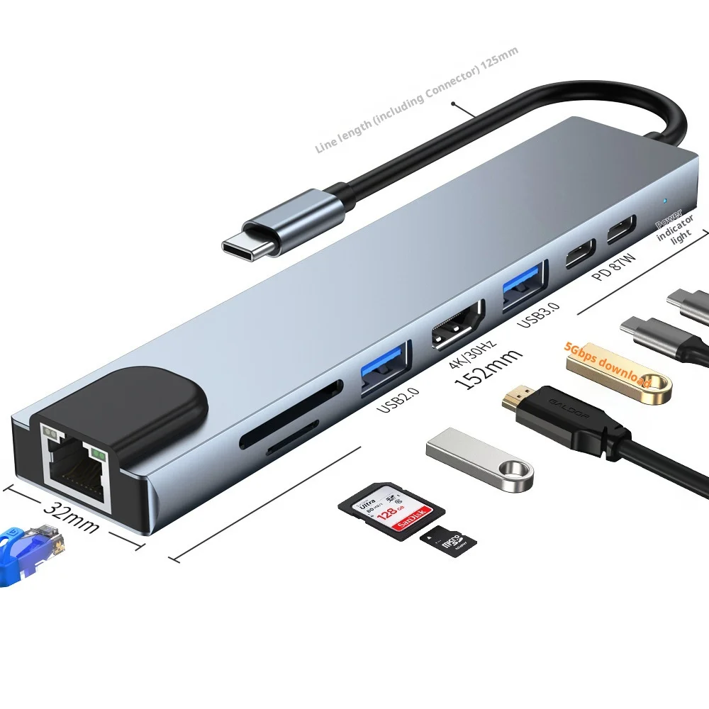8 в 1 Type C концентратор с HDTV сетью Ethernet TF/SD кард-ридер 2 USB и PD 100 Вт 3 0 RJ45 м для сотовых телефонов ноутбуков