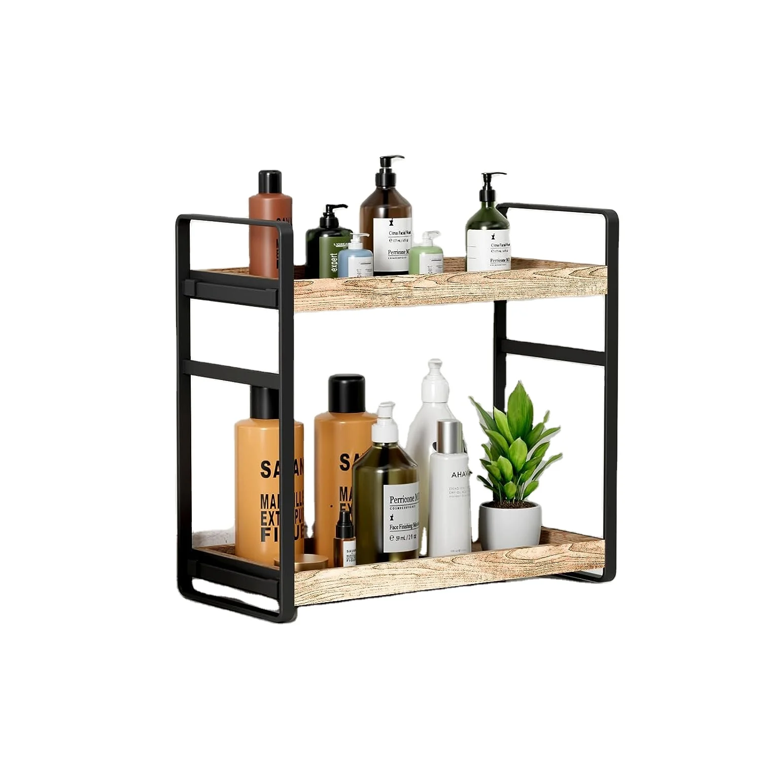 Under Sink Wood Corner Bathroom Rack No Tools Quick Installation Counter Shelf 2 Tier Adjustable Bathroom Organizer