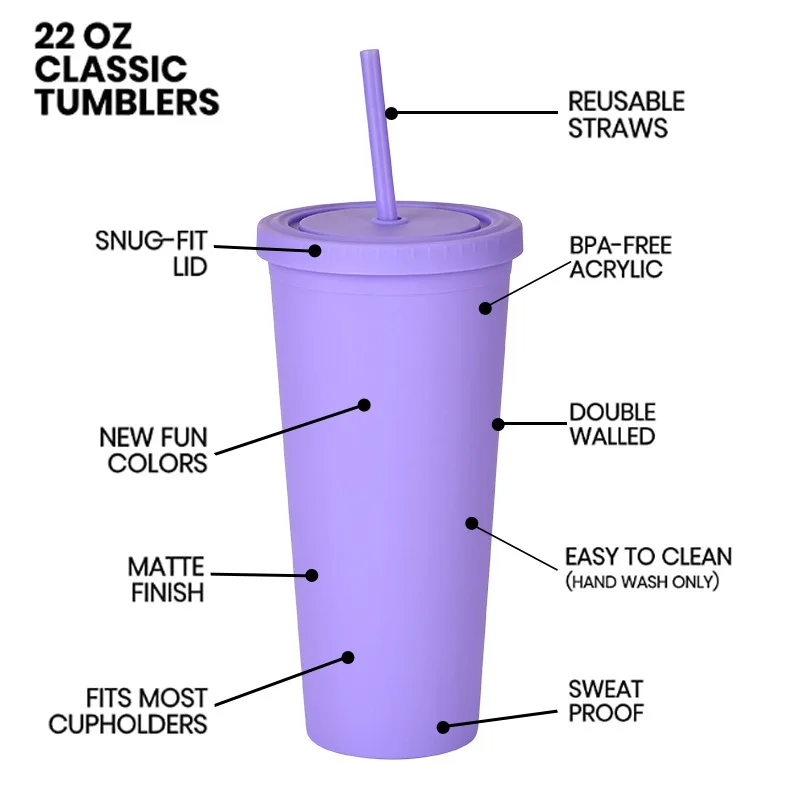 Wholesale 22oz Travel Mug Plastic Matte Pink Black Coffee Cup Reusable Double Wall Skinny Plastic Tumbler with Lid and Straw