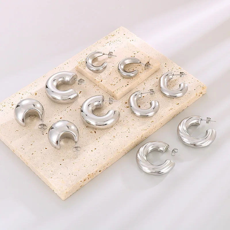 EH23343 Hot Fashion Jewelry Statement Geometric Thick Non Tarnish 18K Gold Plated Stainless Steel C Hoop Earrings For Women