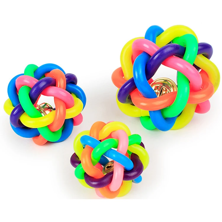 Factory stock rubber pet cat toy colorful bell woven ball dog toy