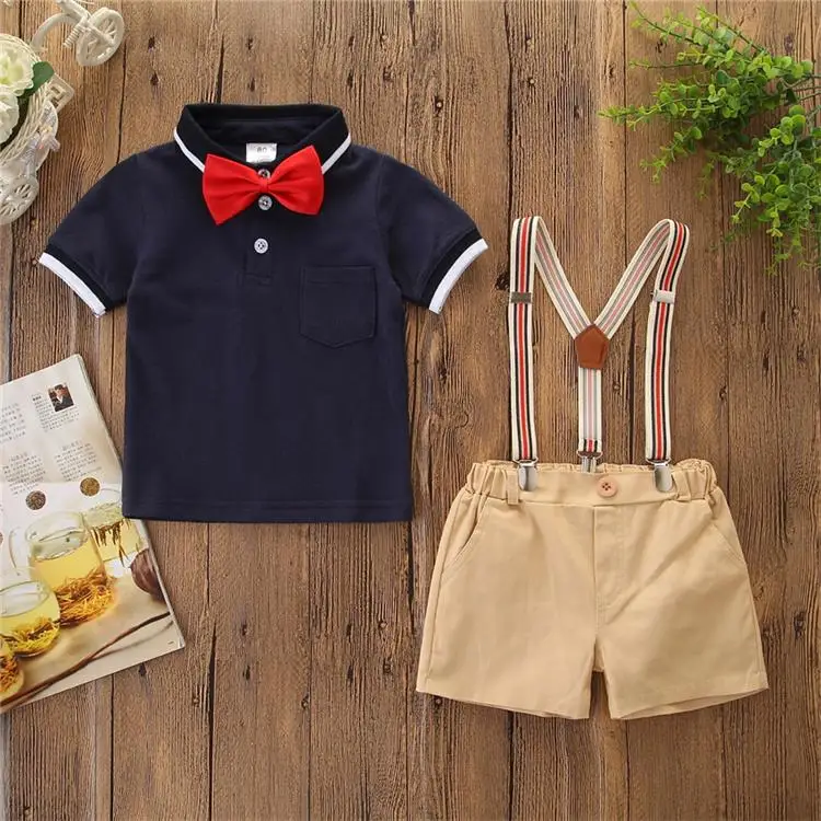 Gentleman Outfits Suits 3 Piece Short Sleeve Polo Shirt+Bib Pants+Bow Tie Boy Polo Short Set