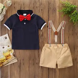 Gentleman Outfits Suits 3 Piece Short Sleeve Polo Shirt+Bib Pants+Bow Tie Boy Polo Short Set