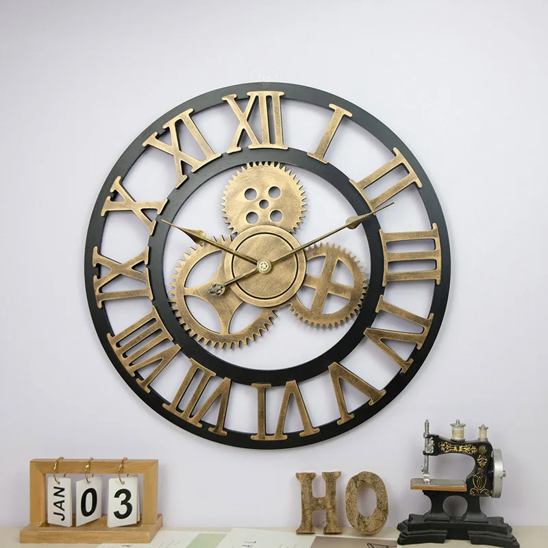 1pc industrial wind wooden silent wall clock American gear retro wall watch living room dining room decoration creative wall clo