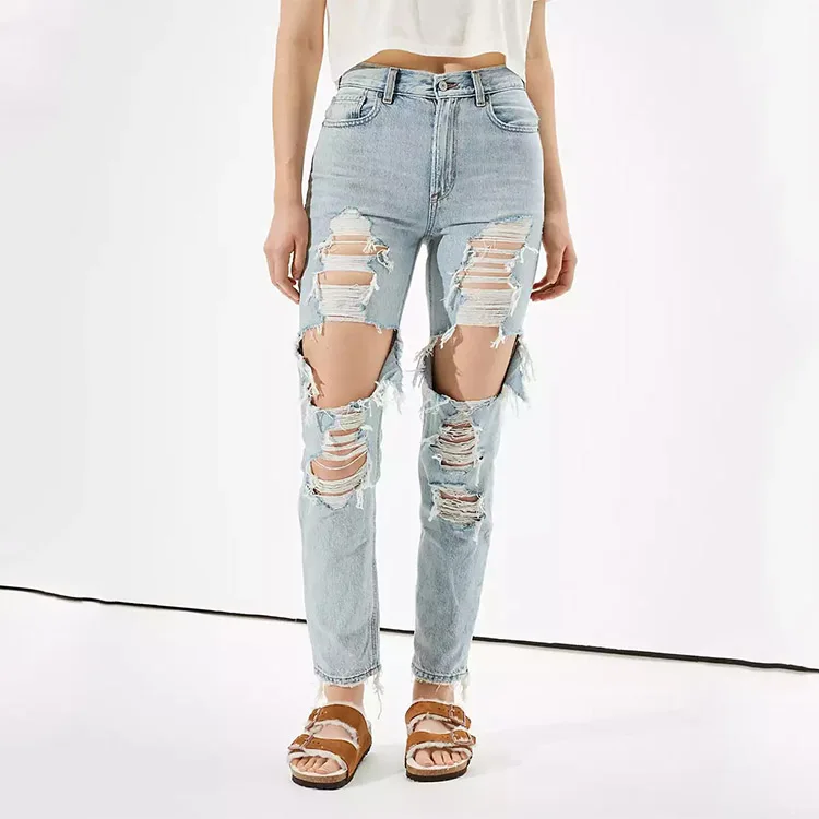 2021 Wholesale Wash Blue Hollow Out Holes Denim Mom Summer Capri Jeans Women