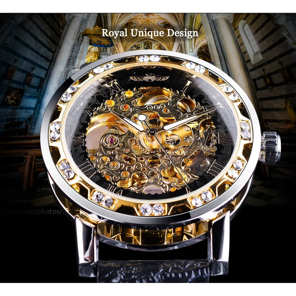 Winner Black Golden Retro Luminous Hands Fashion Diamond Display Mens Mechanical Skeleton Wrist Watches Top Brand Luxury