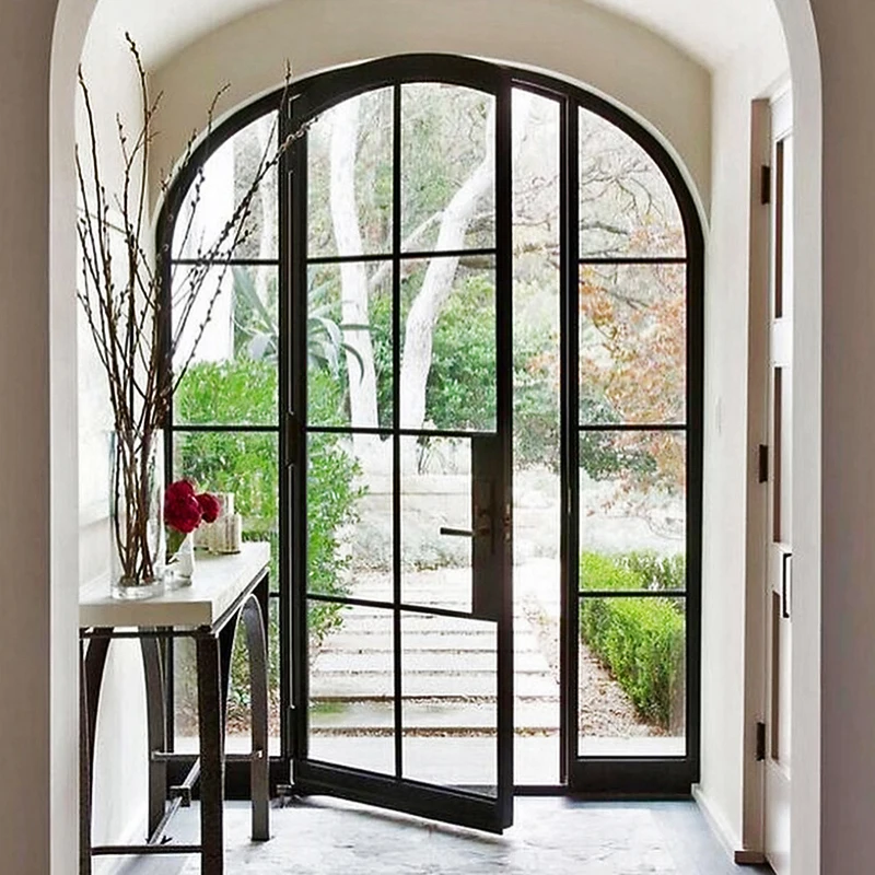 Glass door with copper or stainless steel hardware fittings arched single door with side window house door steel frame designs