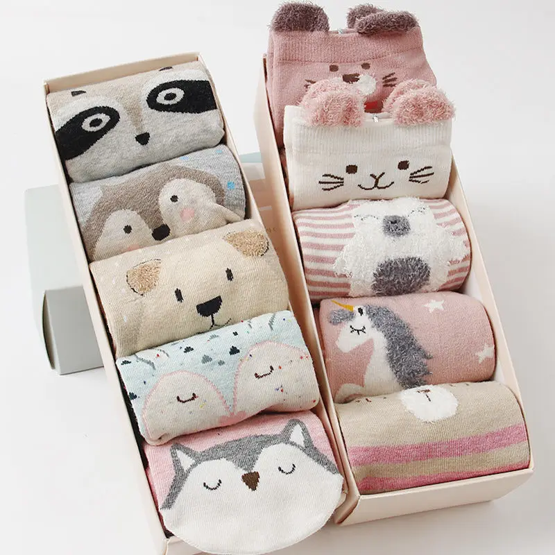 5 Pair Lot Cotton Women Socks Female Casual Middle tube Pack Cartoon Harajuku Cat Cute Heart Invisible Funny Girl Ankle Sock Set