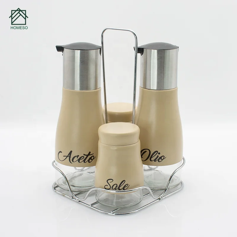 4Pcs Seasoning Stainless Steel Spice Jar Set With Metal Rack For Vinegar And Oil Kitchen Storage Glass Spice Jar rack Set
