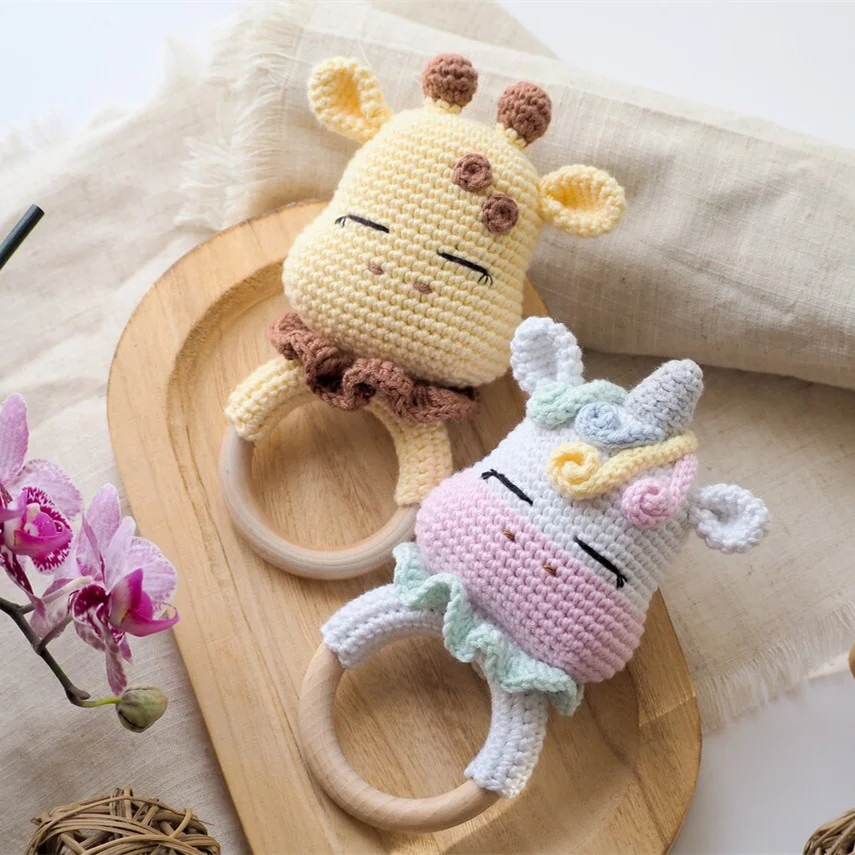 Baby Stuffed Toy Crochet Hand Knit Unicorn Rattle Wooden Teether Ring Rattle