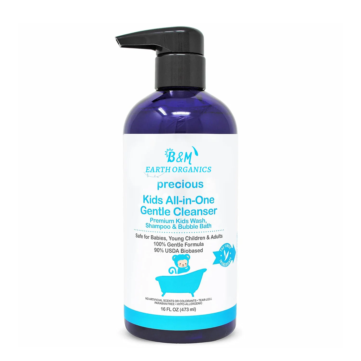 Kids Wash All in One Gentle Cleanser USDA Biobased Sulfate Free Tear Less Hypoallergenic Premium Shampoo Bubble Bath