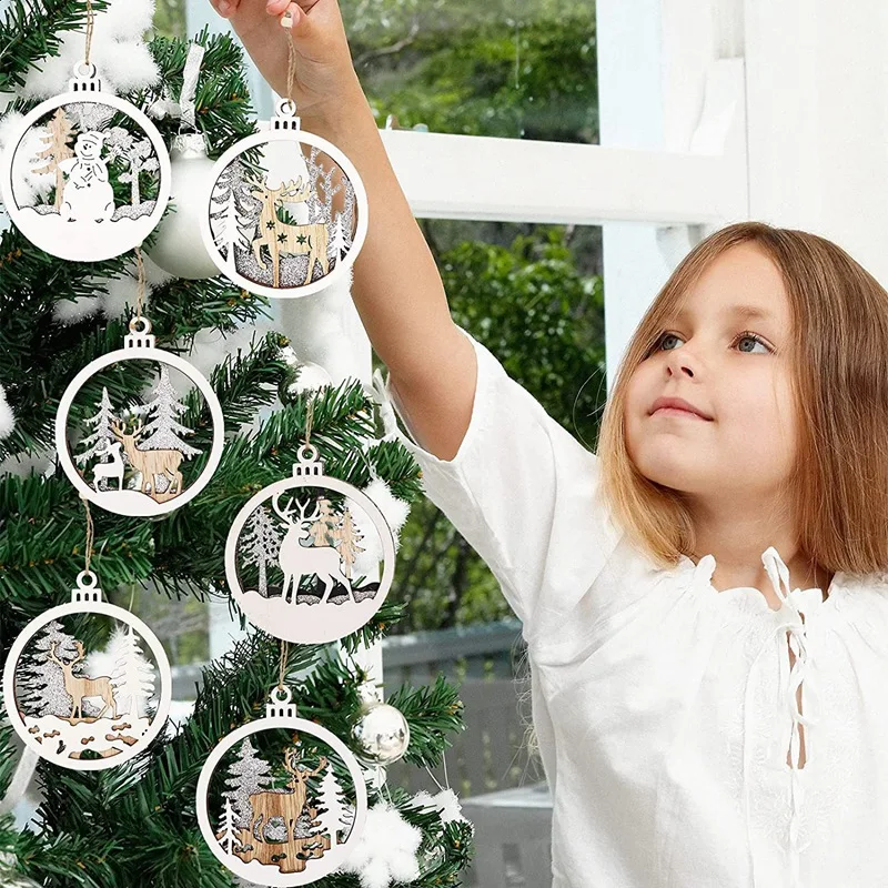 10cm 3 Layer Carving Wooden Hanging Crafts  Gift Tags Hanging Ornaments Set for Christmas Tree Decorations