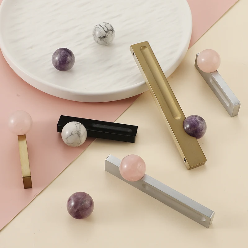 High end rectangular handle natural crystal round bead light luxury style wardrobe shoe cabinet drawer long handle