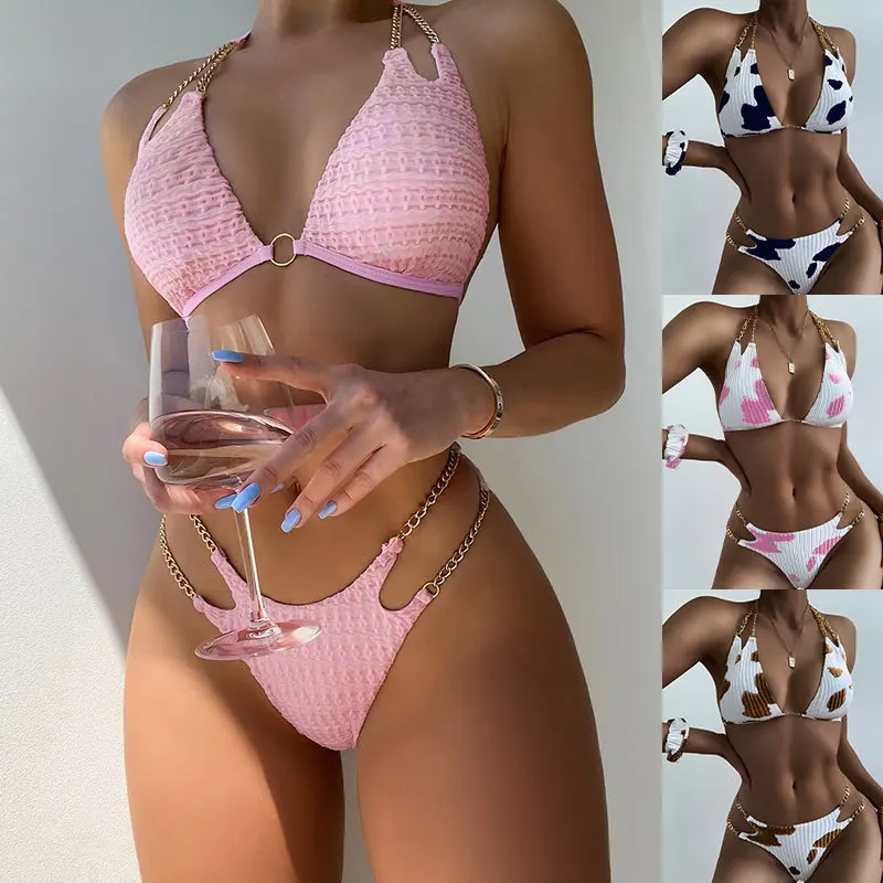 Jindou New Chain Strap Design Beach Sexy Women Chain Halterneck Bikini Set