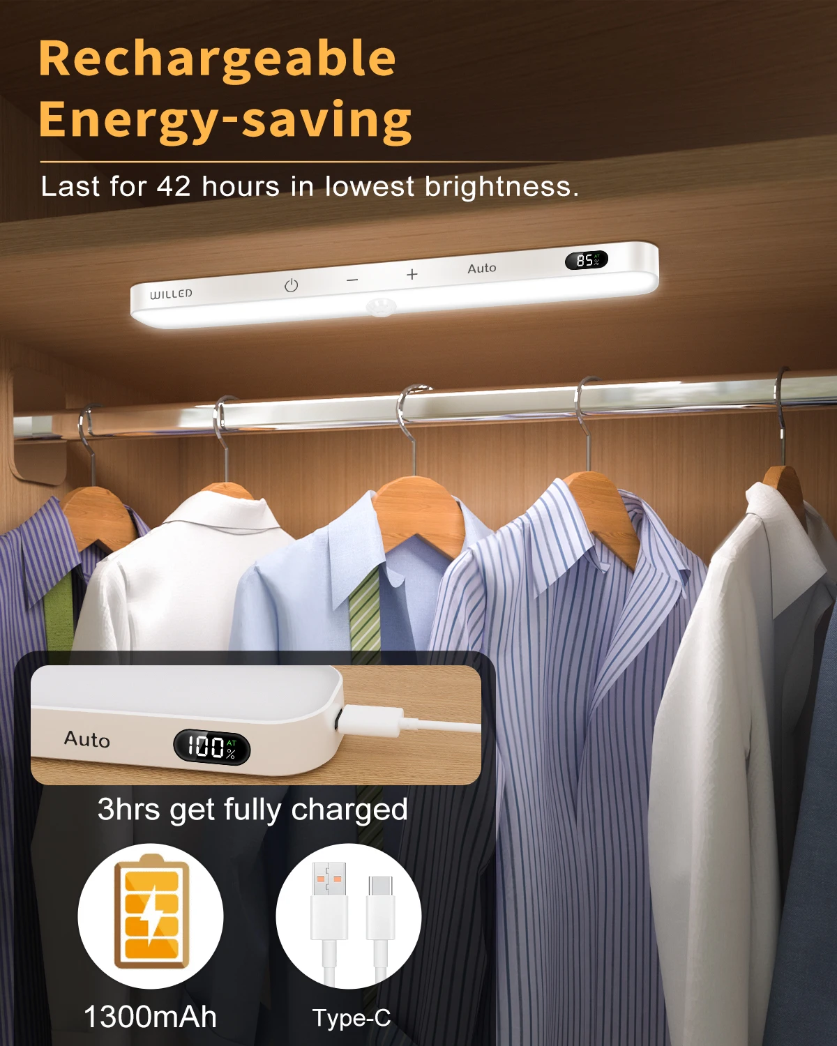 Motion Sensor Under Cabinet Light , Battery Display, 60 LED Touch Light Bar, Rechargeable, Stick on, Wardrobe, Closet, Counter