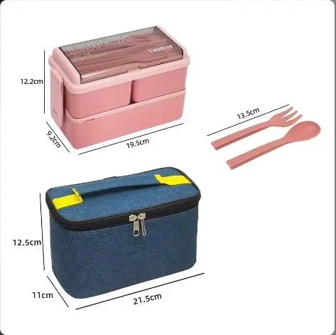 Double Layers Stackable 1400ml Children Cutlery Portable Plastic School Bento Kids Lunch Box Set With Bag