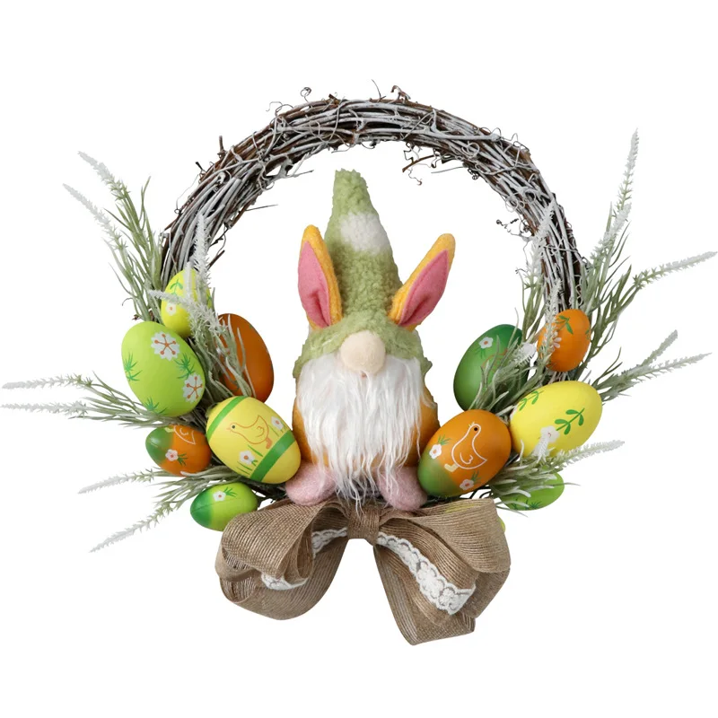 ZHH107 Fresh Nordic Home Decoration Artificial Colorful Egg Rabbit Doll Easter Festival Window Hanging Wreath