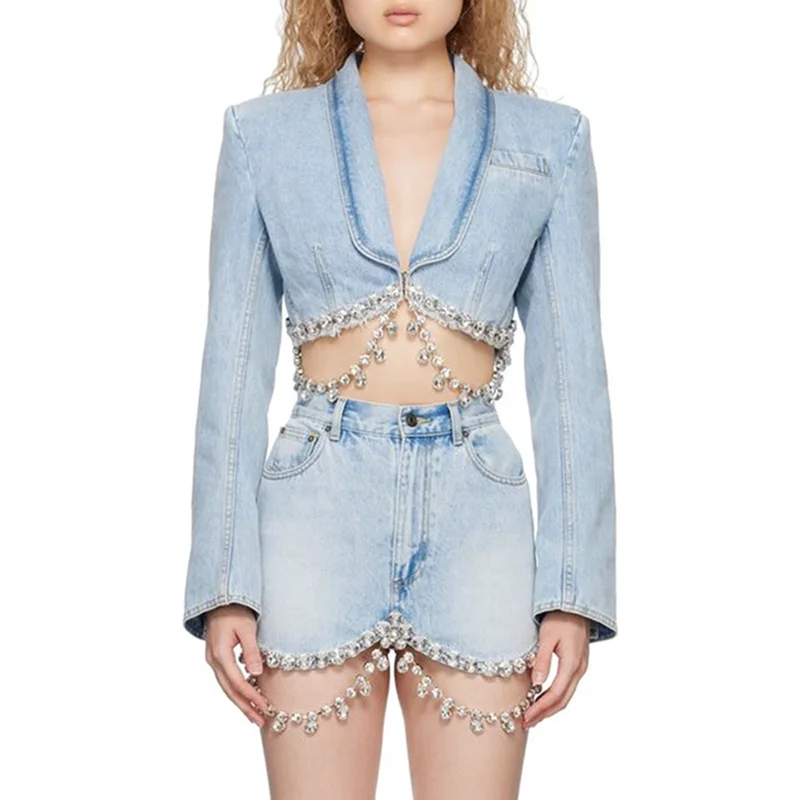 TWOTWINSTYLE 2023 High Quality Light Blue Spliced Diamonds Denim Jean Jackets For Women