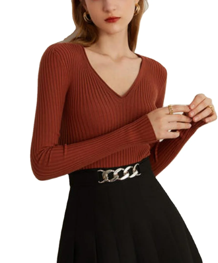 Stock 2022 Women V-neck ribbed pullover long-sleeved autumn Solid Color jumper thin knit wear basic top sweater