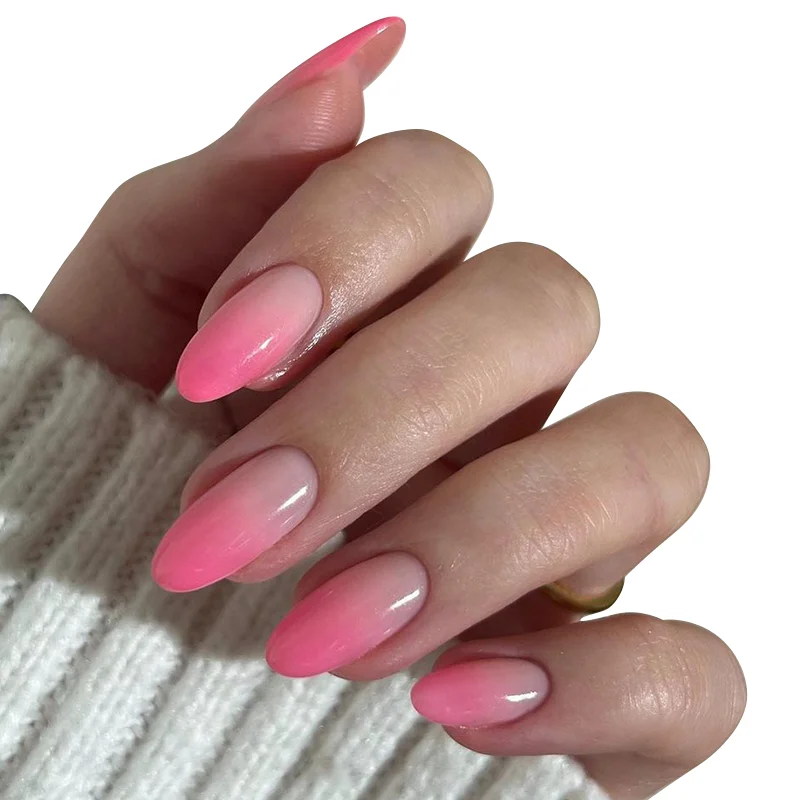 Hot Selling Small 24pcs  Rose Red Gradient ABS Fake Nails Almond Easy Destachable Finished Strong Reusable Press On Nails