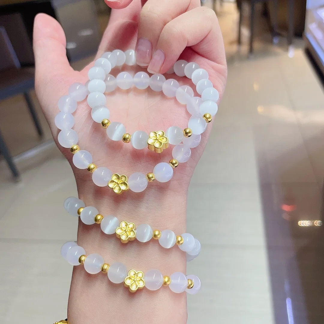 Xinfly Pure 24k real Gold Opal Beads Bracelet Jewelry Women Men Engagement Wedding Bracelets