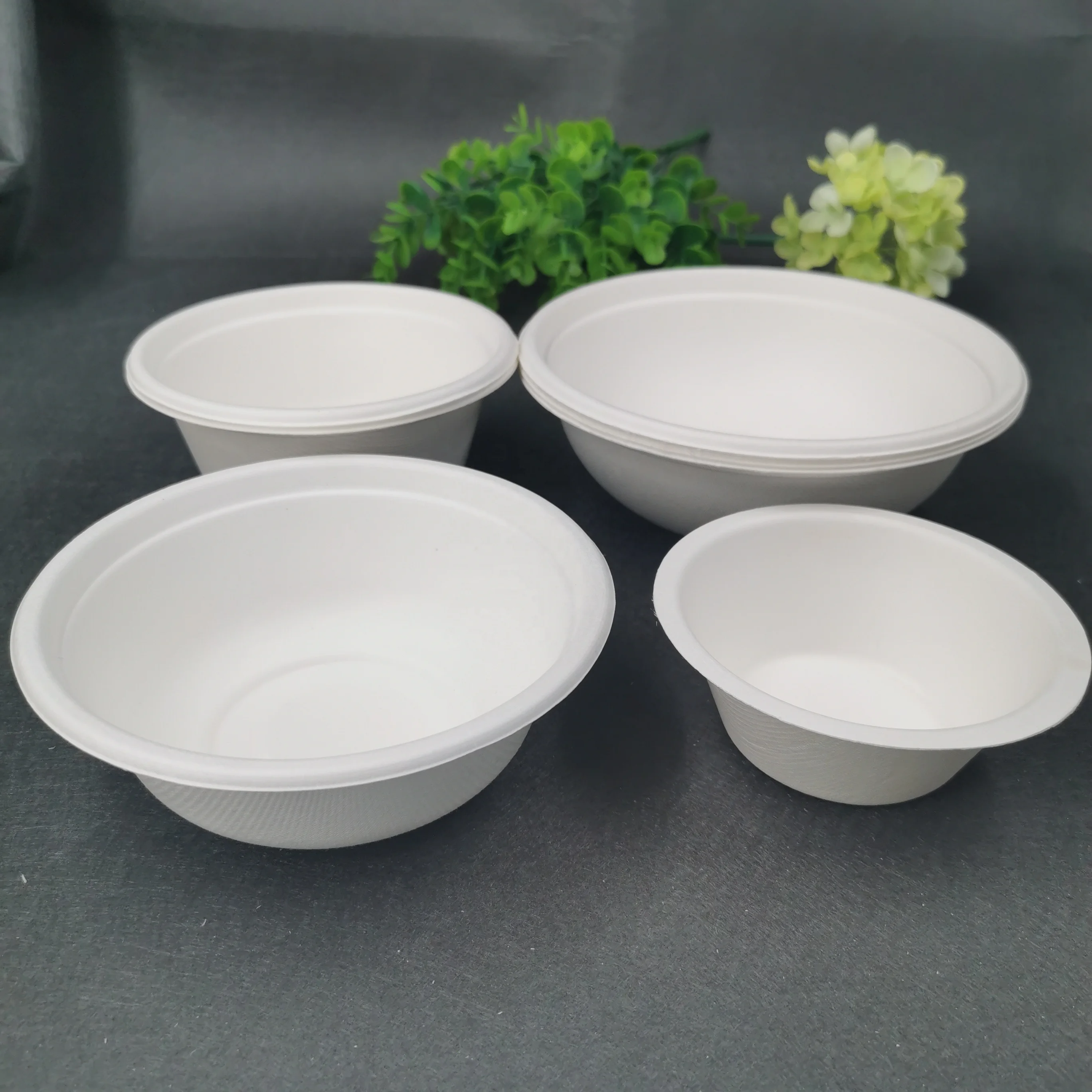 Eco Biodegradable 500 ml disposable sugarcane bagasse salad bowl sets bamboo tableware bio soup bowl with lid