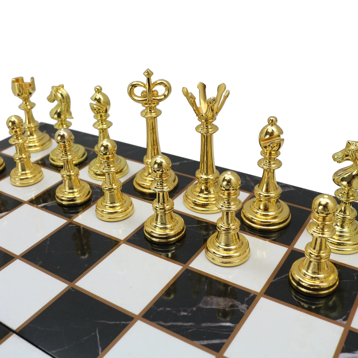 14 Inches Marble Chess Set felted Marble Design Wood Chess Board Metal Chess Pieces Figures Set