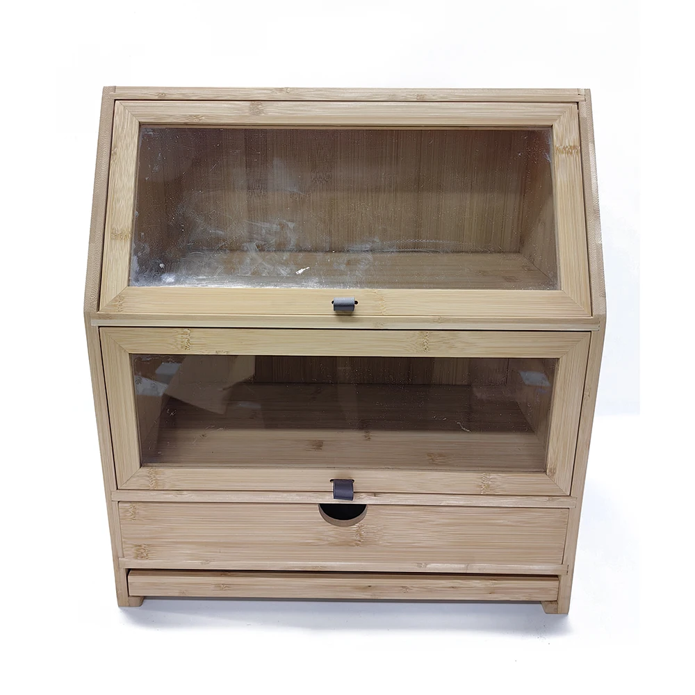 Creative Design Large Layers Bamboo Corner Bread Box with Clear Window K Cup Holders (Utensil Holder) and Bread Board