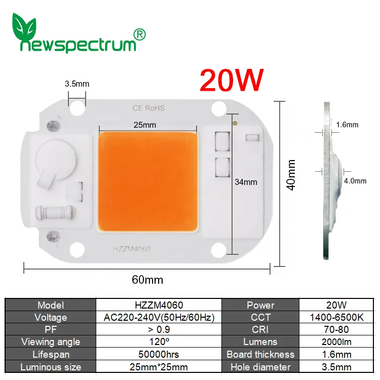 F6040 driverless AC cob LED free driver integrated 20W 30W 50w full spectrum led light chip cob 380nm~840nm COB LED
