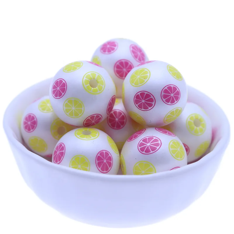 20mm Pink Yellow Lemon Print Gumball Round Abs Pearl Beads For Necklace Making