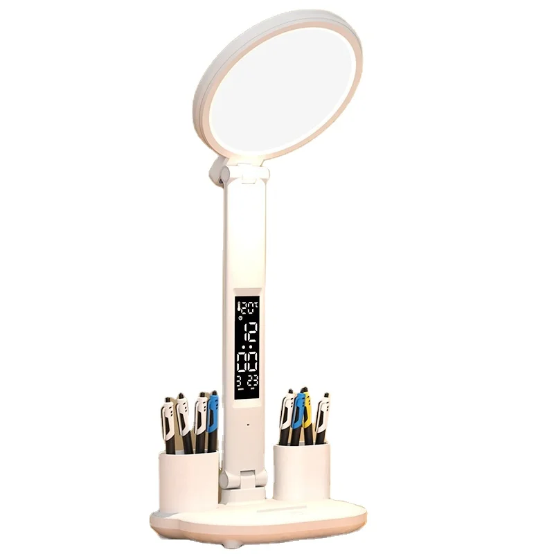 Modern Bedroom Bedside Study Reading Light Foldable Clock Date With 2 Pen Holders Cordless Battery Rechargeable Led Table Lamp