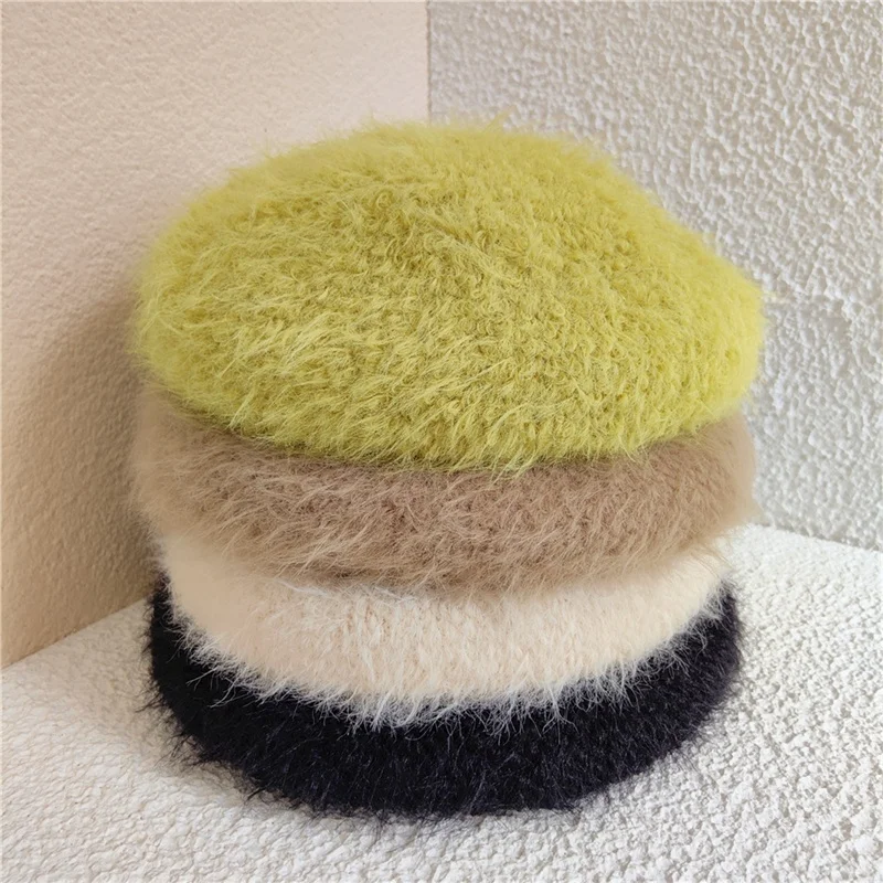 Wholesale Winter Warm Angora Plush Beanie Hat French Artist Painter Hat Luxury Rabbit Hairs Solid Knit Beret Hat For Women Girls