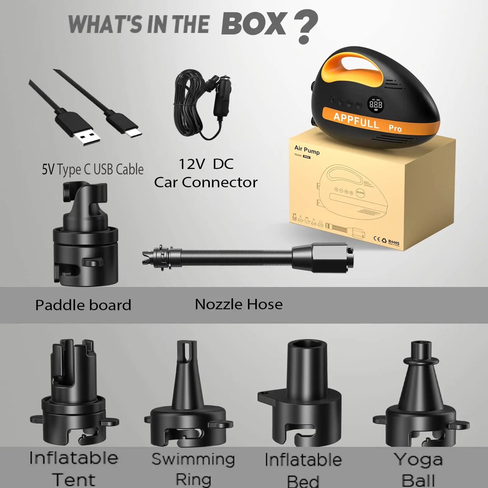 Electric SUP Air Pump for 12V DC Car Connector for Inflatable Stand Up Paddle Boards, Boats