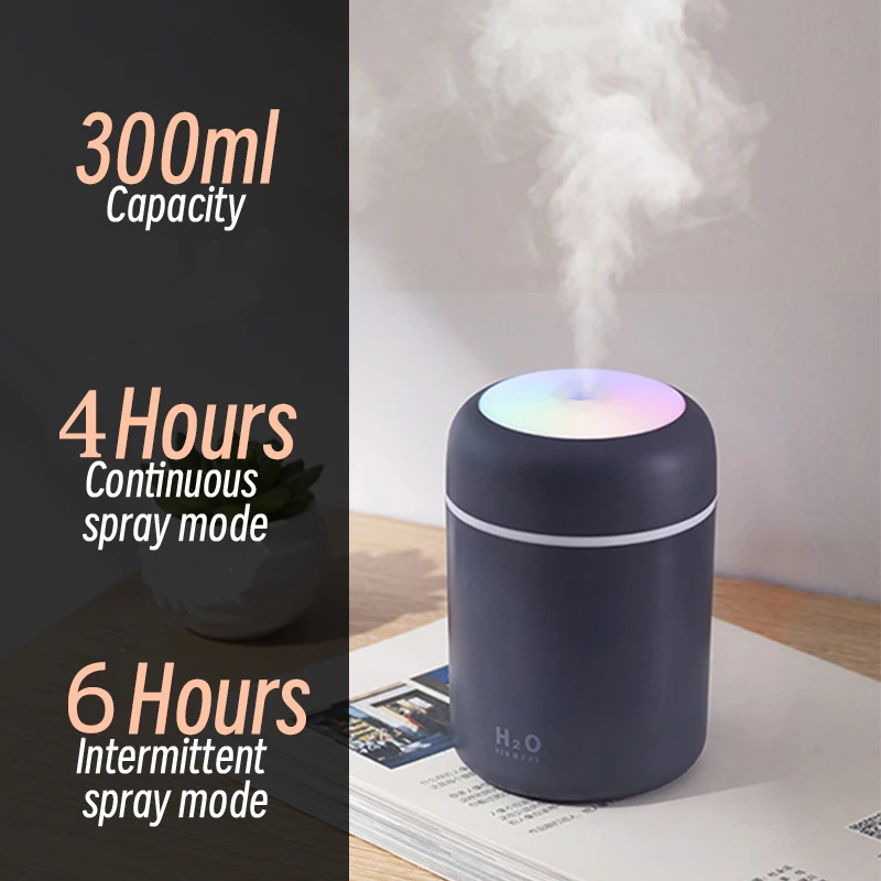 Ultrasonic 300ML Led Colorful Cup Portable Bedroom PP Plastic Air Humidifier Purifier Diffuser Mini Cooler Humidifier For Car