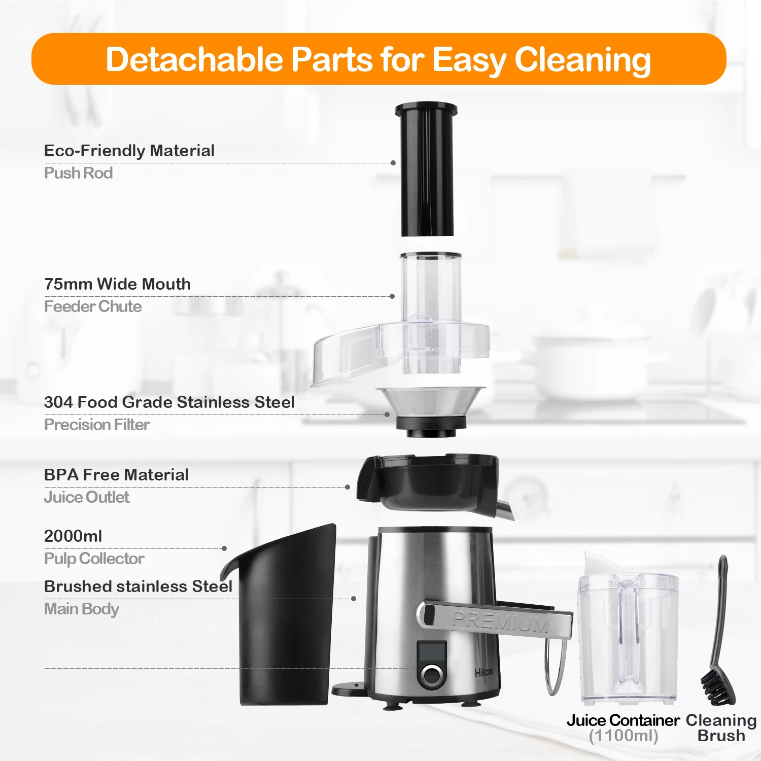 2021 upgraded 1000 W  stainless steel housing 5 speed whole fruit juice extractor with non-slip feet and foam separating jug