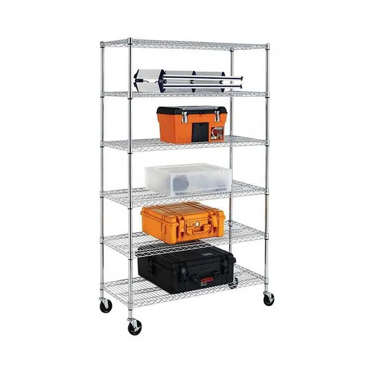 4 Tier Iron Storage Shelf Chrome Shelving Display Moveable Wire Rack With Caster Wheel
