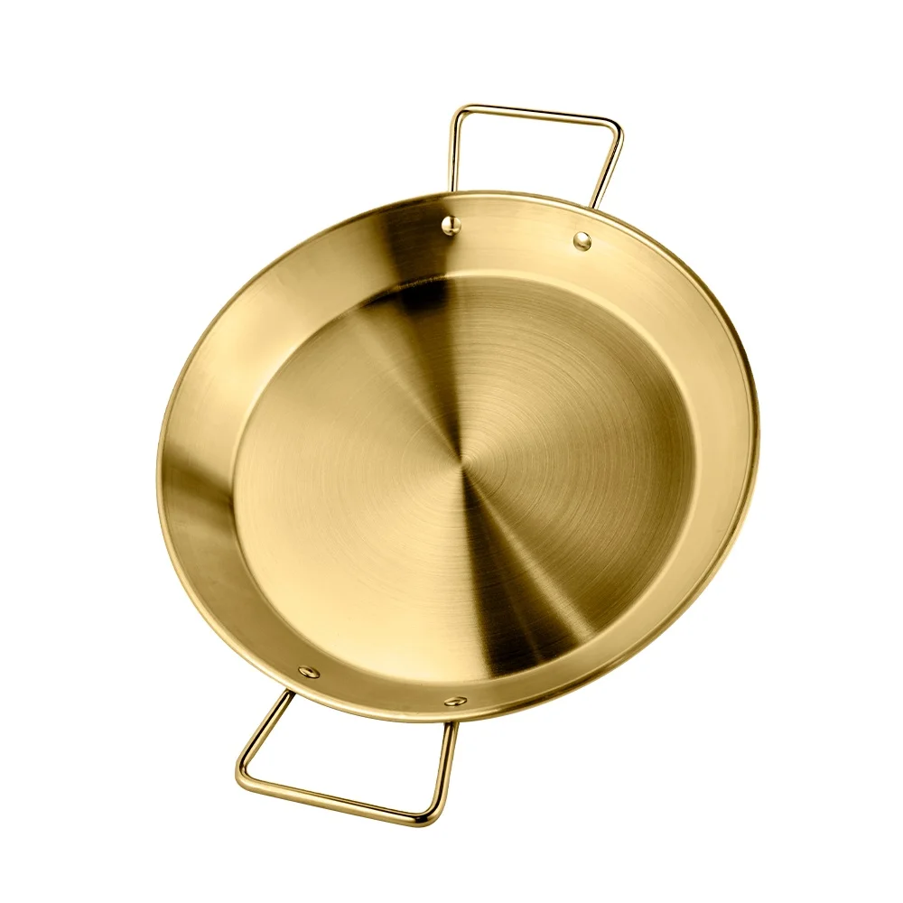 Promotion Wholesale Large Paella Stainless Steel Spanish Sea Food Pan With Red Handle with Golden Color