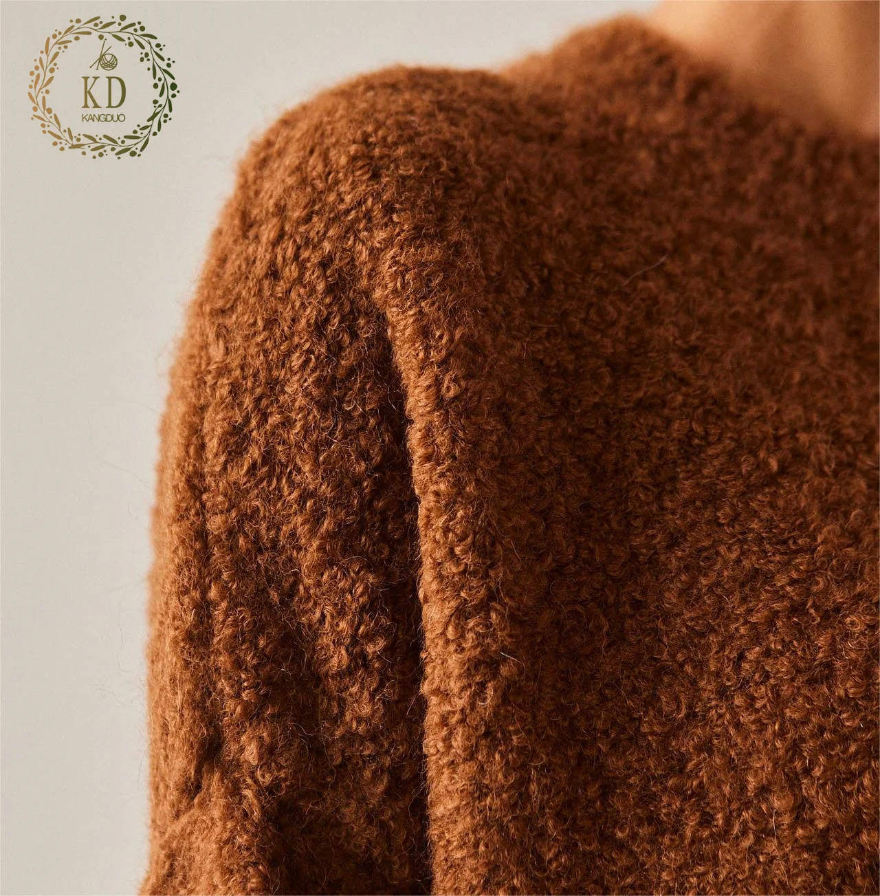 KD Knitwear Manufacturer Customizable Embroidered Jacquard Pattern Logo Round Neck Long Sleeves Boucle Yarn Women Sweater