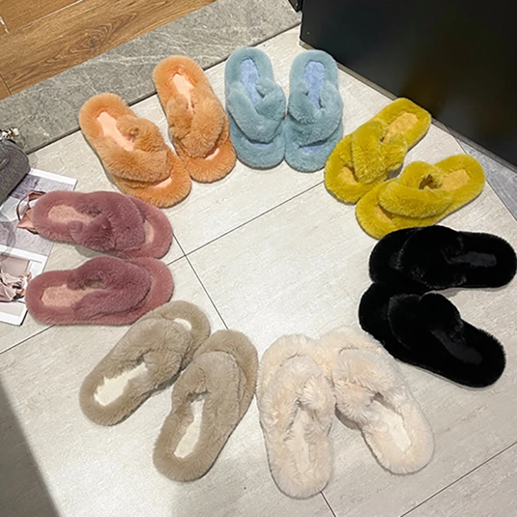 Factory Wholesale Women Fashion Fur Slides Indoor Outdoor Home Fluffy Furry Vegan Fur Slippers