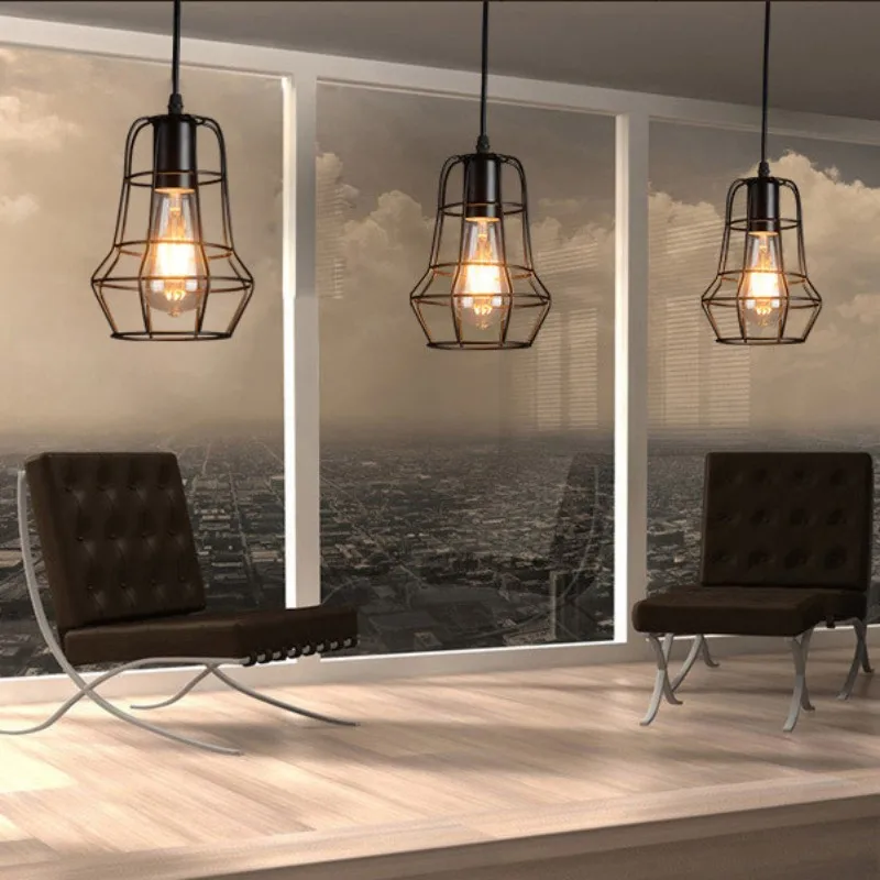 Retro Industrial Pendant Light Nordic Black Metal Cage Lighting Fixtures Iron Loft Cage Kitchen Vintage Adjustable Hanging Lamps